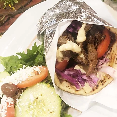 Order Beef Shawarma Wrap food online from Pom & Olive store, Costa Mesa on bringmethat.com