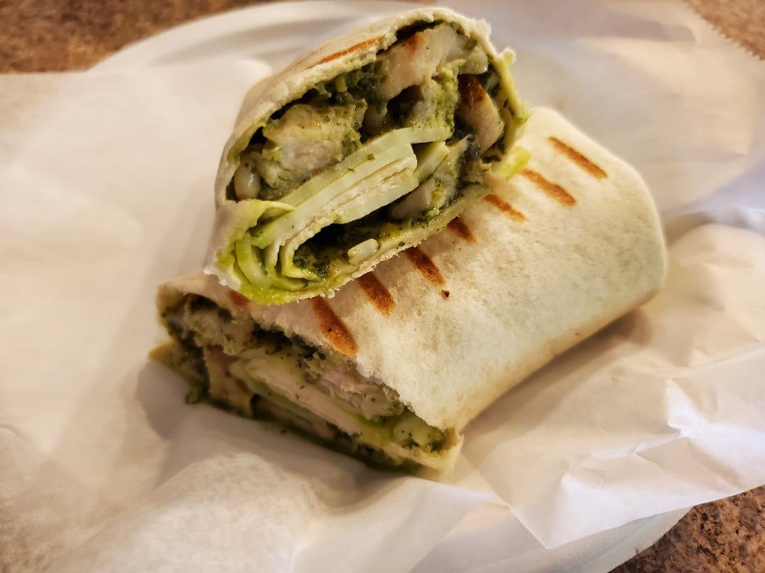 Order Chicken Pesto Grilled Wrap food online from Java House Cafe store, South Lyon on bringmethat.com