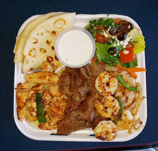 Order Special Plate (gyro+chicken+shrimp) food online from Kouzina Cafe Gyros And Subs store, Nashville on bringmethat.com