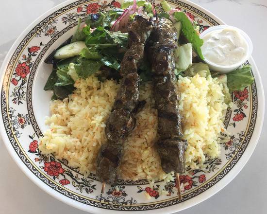 Order 11. Beef Kabobs Plate food online from Wally Cafe store, Rocklin on bringmethat.com