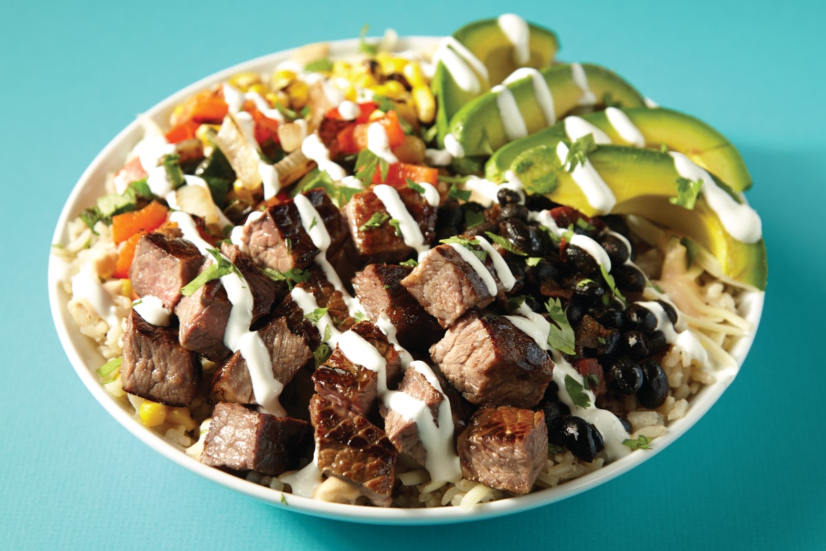 Order The O.G. Bowl - choice of grilled chicken, steak or vegetarian (v) food online from Savage Burrito store, Woodbridge on bringmethat.com