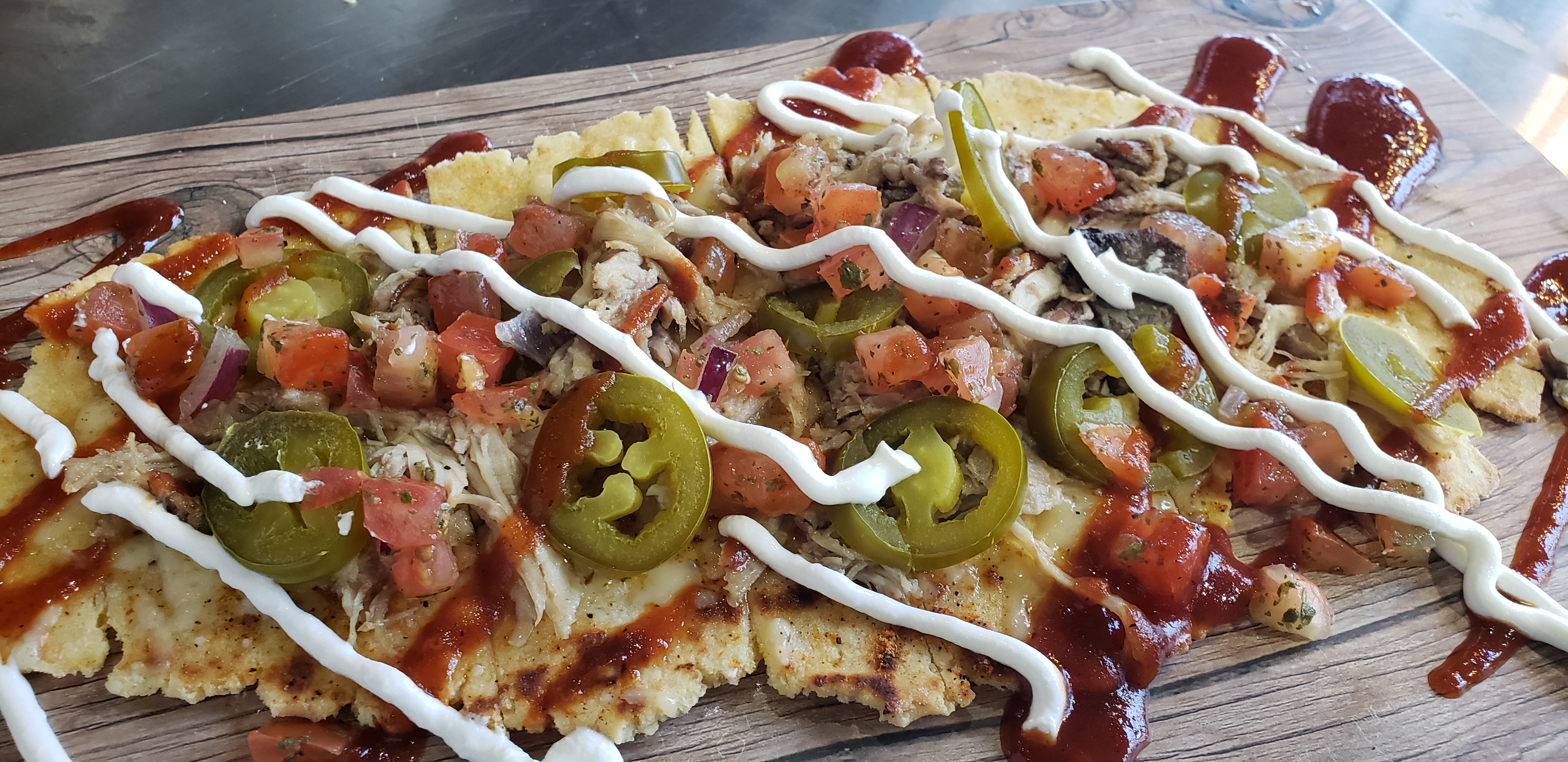 Order Nacho Pork Flatbread food online from Butter It Up store, Huntington on bringmethat.com
