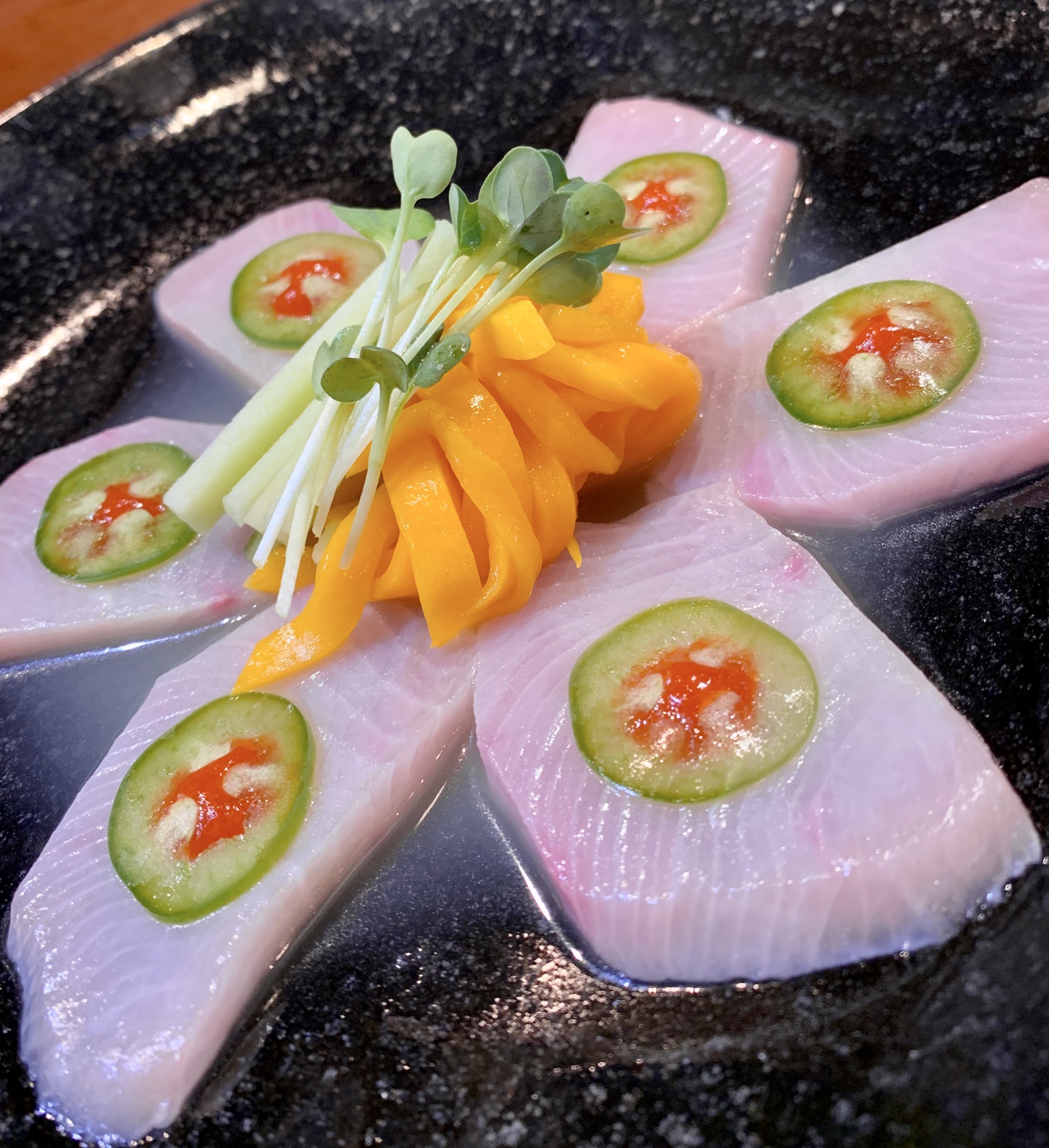 Order Yellowtail Yuzu Mango Sashimi food online from Kazuki Sushi store, Los Angeles on bringmethat.com