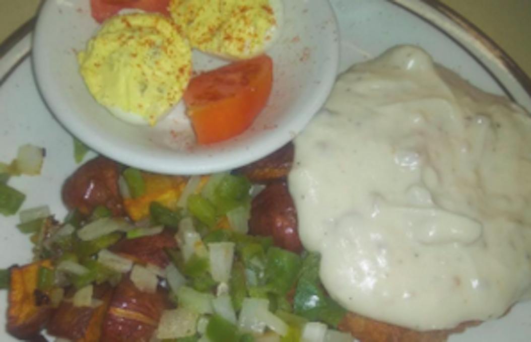 Order Crispy Fried Steak with Cream Gravy food online from Amber Restaurant store, Knoxville on bringmethat.com