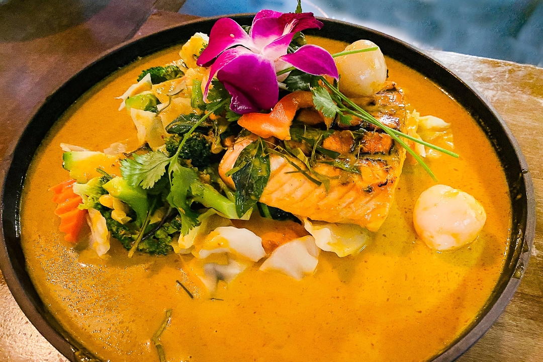 Order Grilled Salmon Lychee yellow Curry Sauce food online from Thai Table store, Berkeley on bringmethat.com