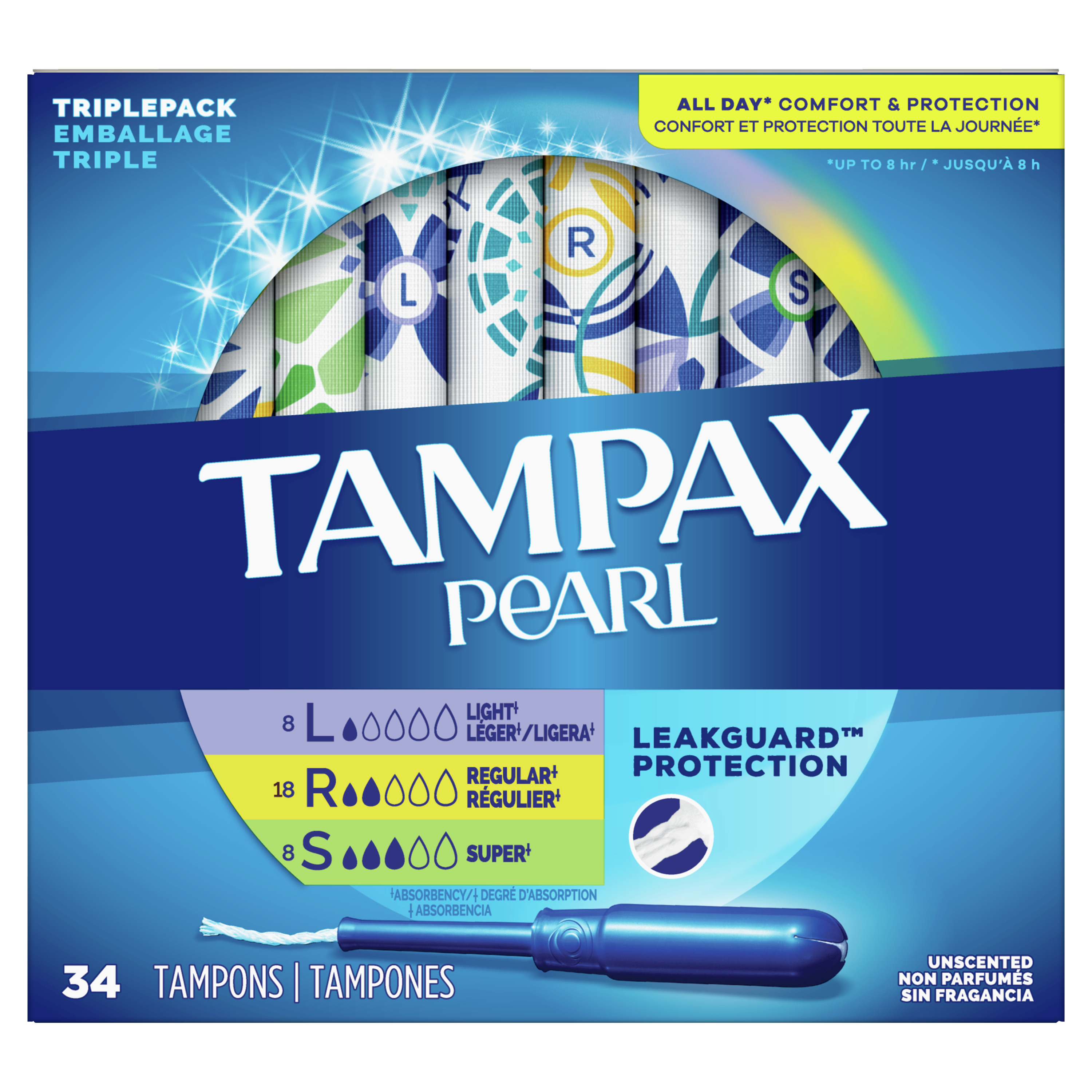 Order Tampax Pearl Tampons - Light/Regular/Super Absorbency with LeakGuard Braid, Unscented, 34 ct food online from Rite Aid store, REEDLEY on bringmethat.com