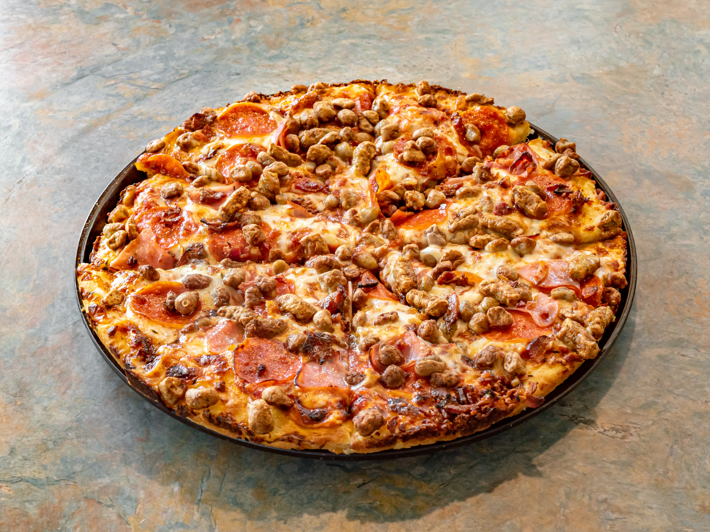 Order Small Six Meat Pizza food online from Mazzio's Italian Eatery store, Winder on bringmethat.com