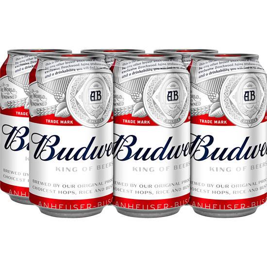 Order Budweiser, 6pk-12oz can beer (5.0% ABV) food online from Express Liquors store, Peoria on bringmethat.com
