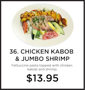 Order 36. Chicken Kabob & Jumbo Shrimp Pasta food online from Mystic Grill store, La Mesa on bringmethat.com