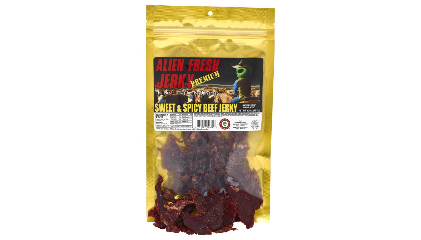Order Alien Fresh Sweet & Spicy Beef Jerky 3.25oz food online from Dimension Liquor store, Lake Forest on bringmethat.com