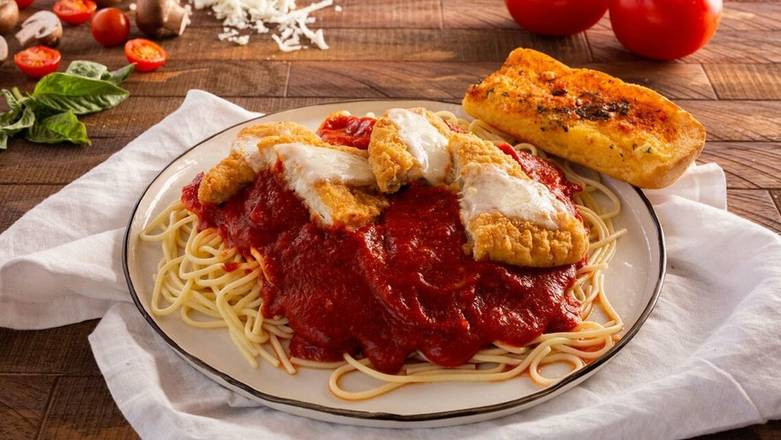 Order Chicken Parmigiana with Spaghettini food online from Ameci Pizza & Pasta store, Los Alamitos on bringmethat.com