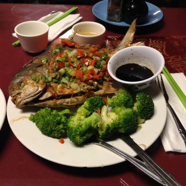 Order 46. Whole Pompano Fish food online from Golden kim tar restaurant store, San Francisco on bringmethat.com