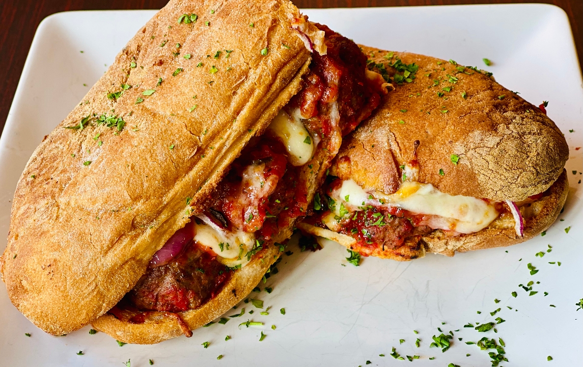Order GF MEATBALL PARMIGIANO GRINDER food online from Bitcoin Pizza store, Seattle on bringmethat.com