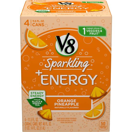 Order V8 Sparkling + Energy, Healthy Energy Drink, Natural Energy from Tea, Orange Pineapple, 11.5 OZ Can (Pack of 4) food online from Cvs store, SAINT CLAIR SHORES on bringmethat.com