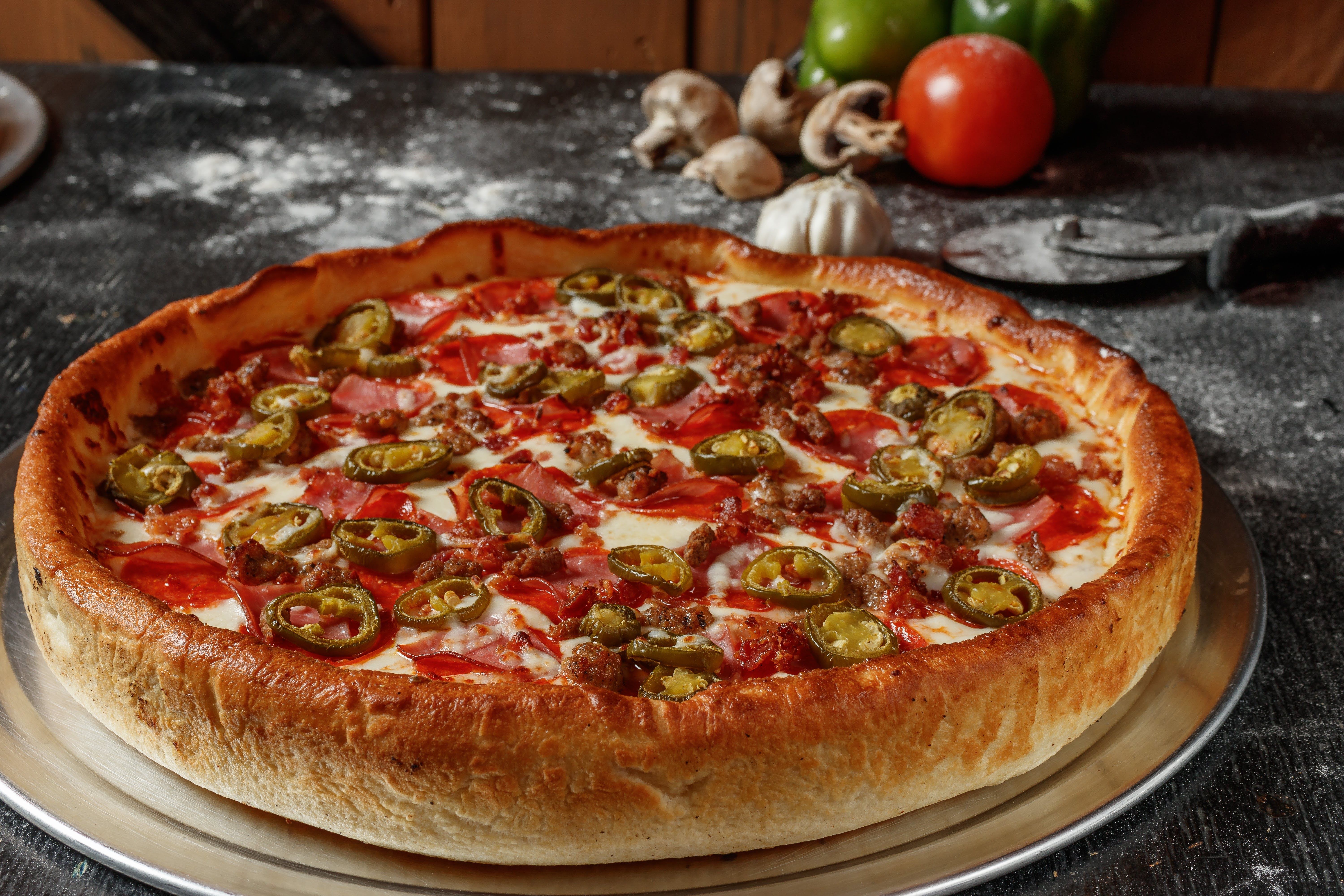 Order Angry Hawaiian Deep Dish Pizza - 14" (8 Slices) food online from Palazzo Pizza store, Las Cruces on bringmethat.com