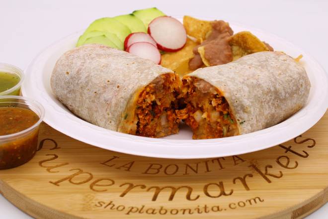 Order Burrito chorizo con huevo/Chorizo & Eggs burrito food online from La Bonita #3 store, North Las Vegas on bringmethat.com