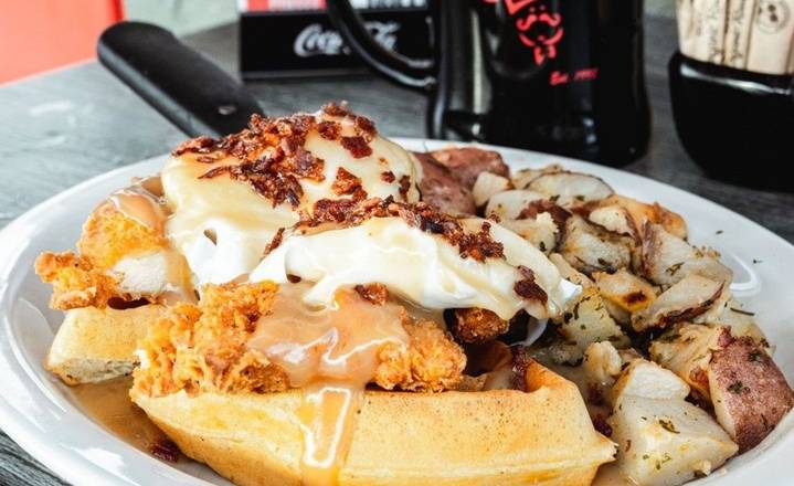 Order Chicken & Waffle Benedict - OO food online from Biscuits Cafe store, Glendale on bringmethat.com