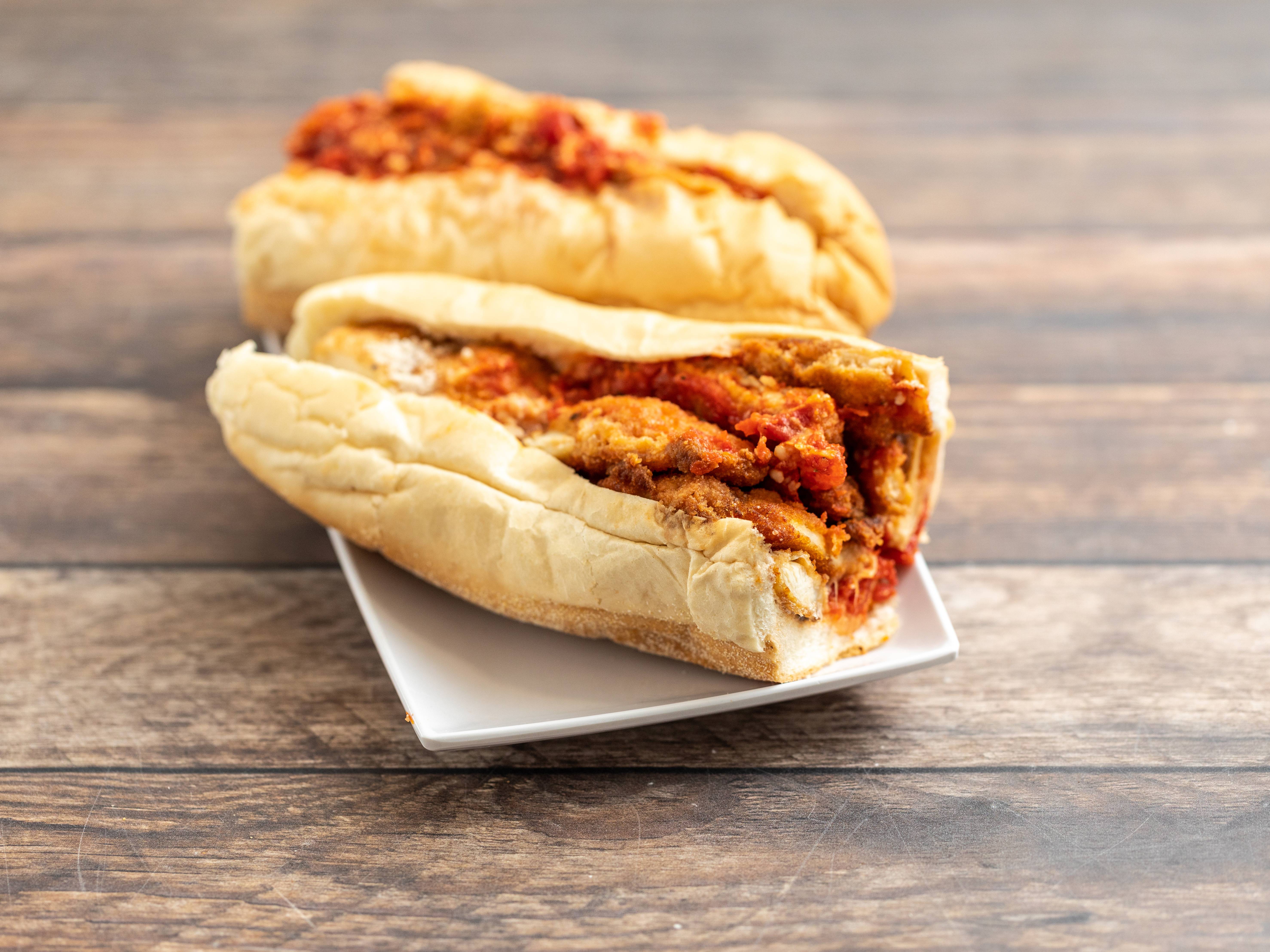 Order Chicken Cutlet Parmigiana Hot Sub food online from Alfredos Italian Kitchen store, South Boston on bringmethat.com