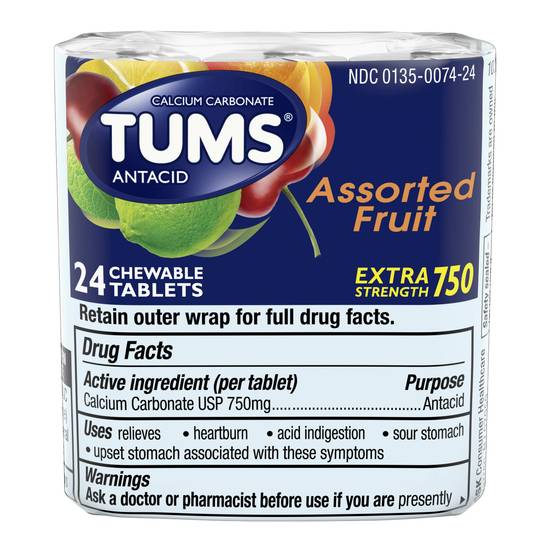 Order Tums Extra Strength Chewable Antacid Tablets Assorted Fruit 3 Pack (8 ct x 3 ct) food online from Rite Aid store, BETHEL PARK on bringmethat.com