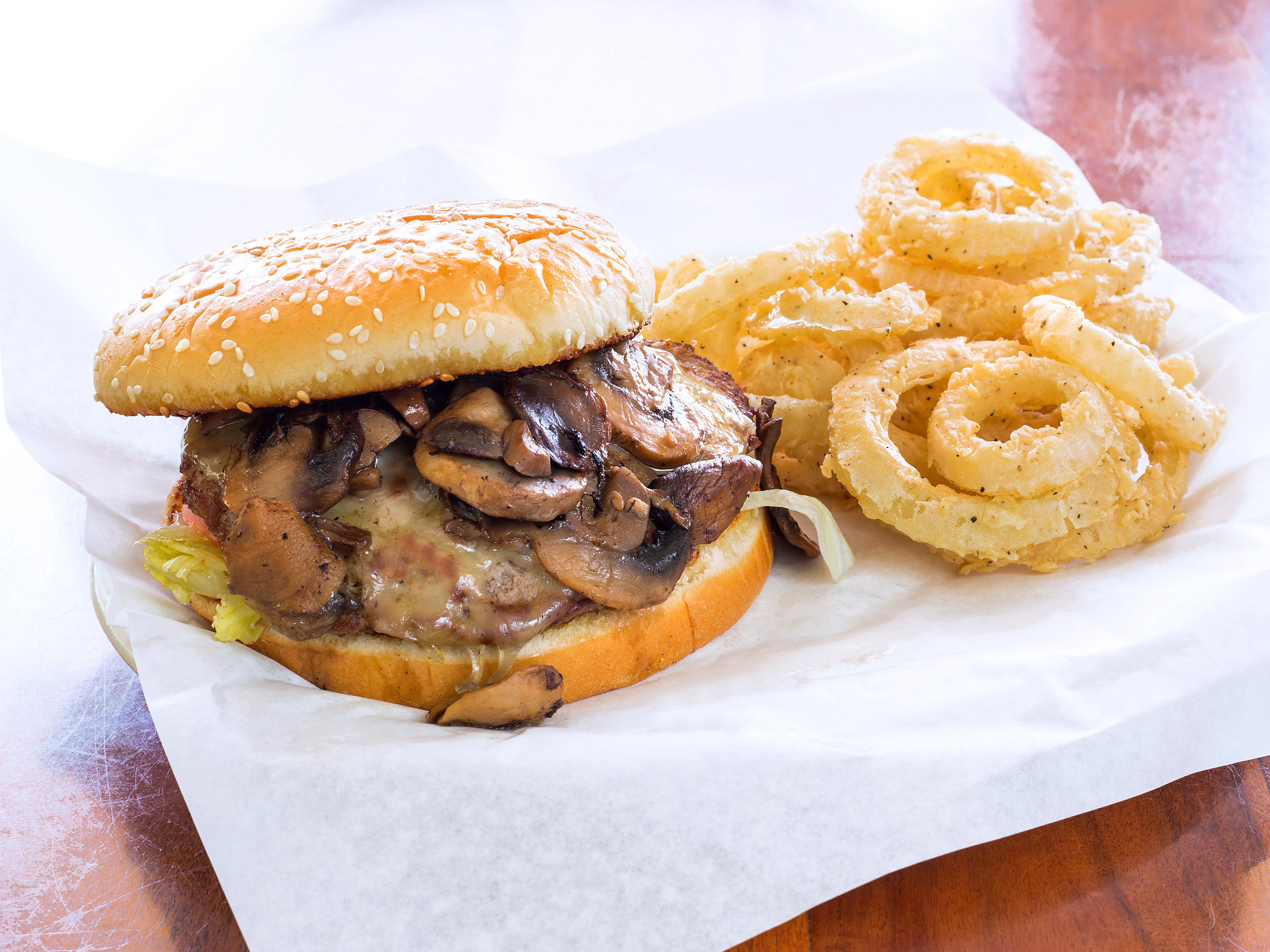 Order Mushroom and Swiss Burger food online from Babe's Old Fashioned Food store, San Antonio on bringmethat.com