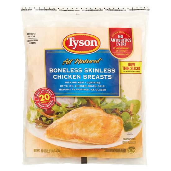 Order Tyson Frozen Boneless Skinless Chicken Breasts 2.5lb food online from Everyday Needs by Gopuff store, Waltham on bringmethat.com