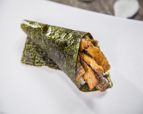 Order HR11 Salmon Skin Hand Roll 1pc food online from Ginza Sushi store, Torrance on bringmethat.com