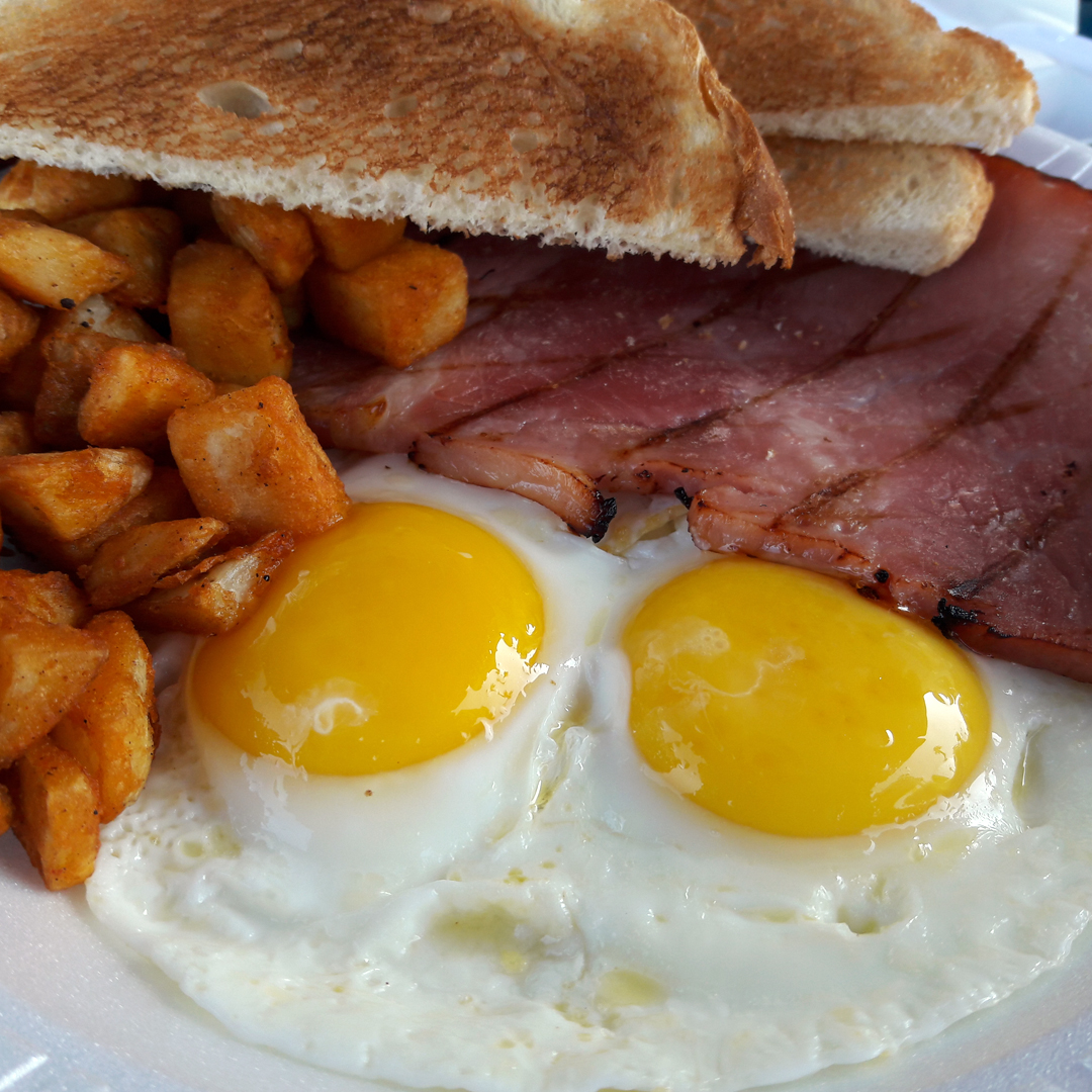 Order 2 Egg Breakfast with Meat food online from Hazelwoods On The Bay store, San Diego on bringmethat.com