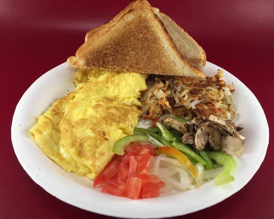 Order 15. Vegetarian Omelette, Hash Brown and Toast  food online from Michael's Burgers store, Canoga Park on bringmethat.com