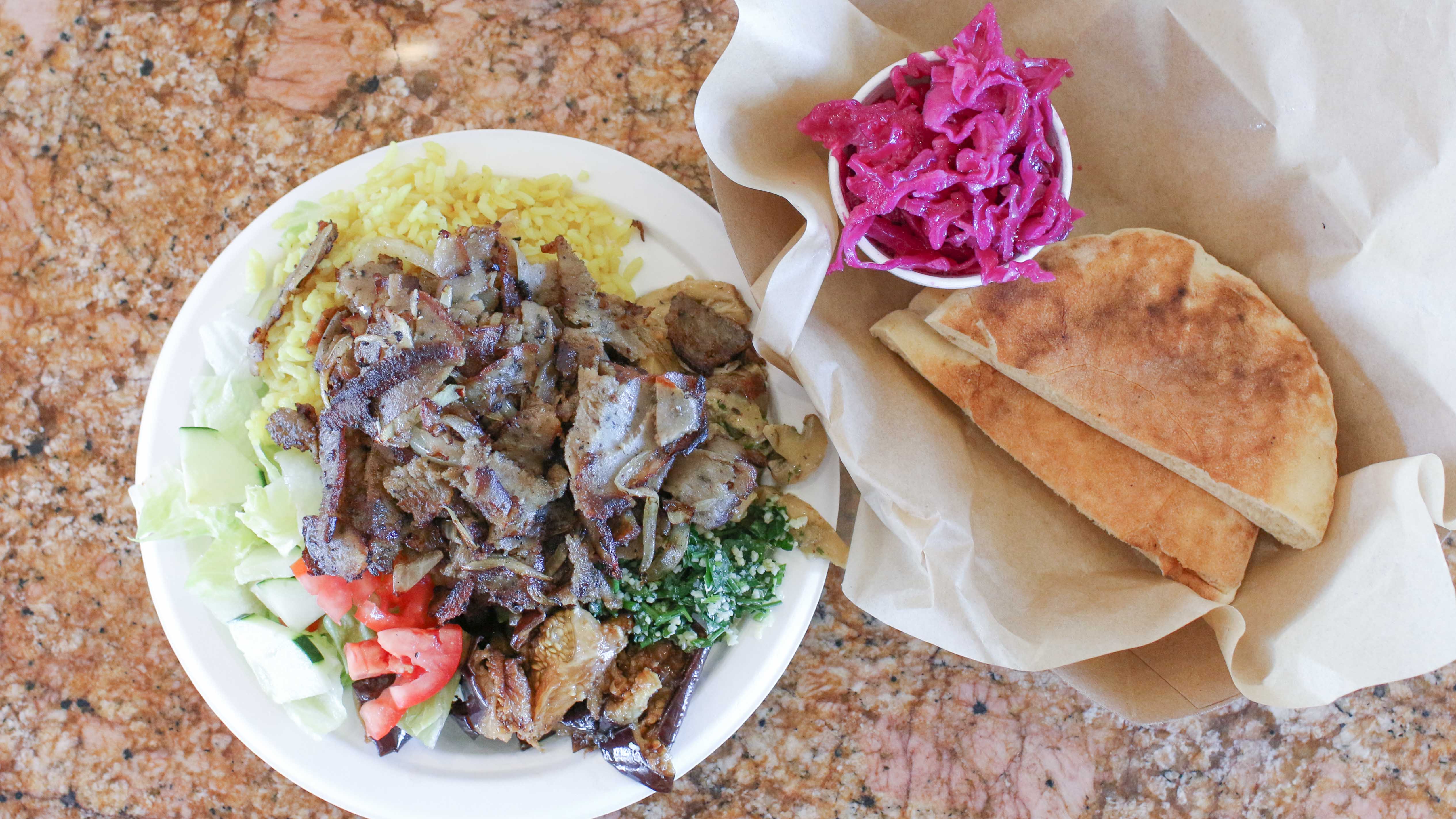 Order Lamb Gyros Plate  food online from Falafel Palace store, Los Angeles on bringmethat.com