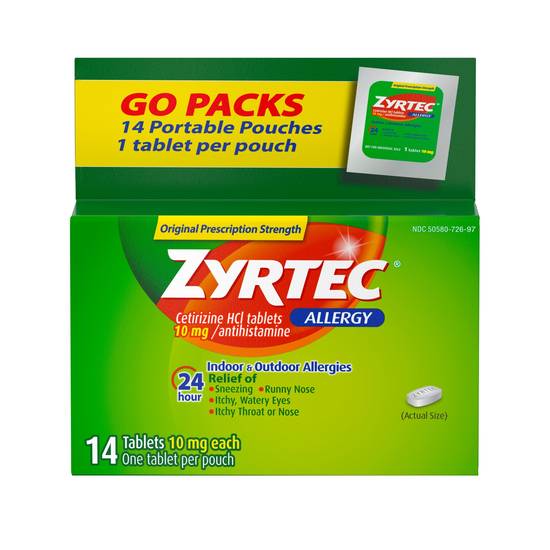 Order Zyrtec 24 Hour Allergy Relief Tablets with 10 mg Cetirizine HCl (14 ct) food online from Rite Aid store, Cortland on bringmethat.com
