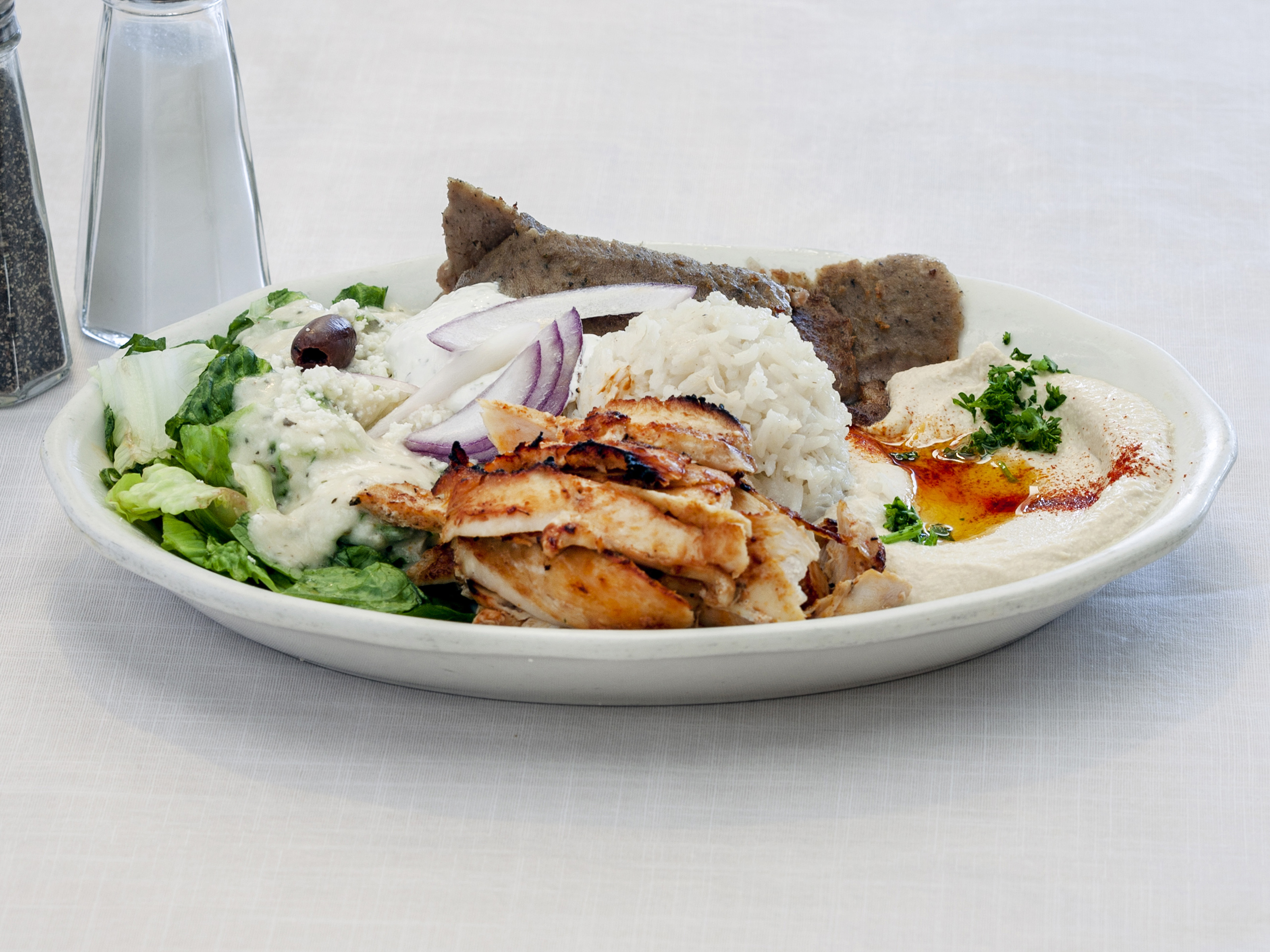 Order Combination Chicken Shawarma and Gyros Plate food online from Albasha Greek & Lebanese Restaurant store, Baton Rouge on bringmethat.com