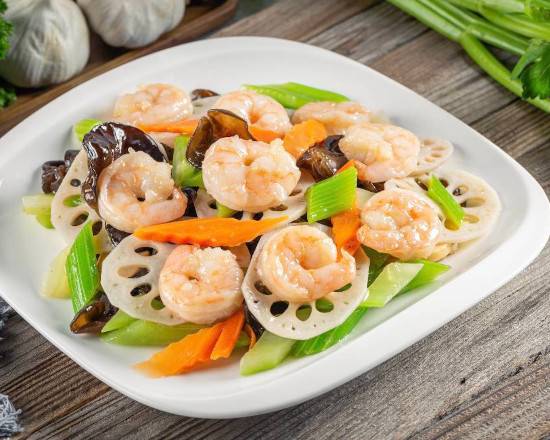 Order Sauteed Shrimp with Celery, Lotus Root food online from Shooting Star Cafe store, Oakland on bringmethat.com