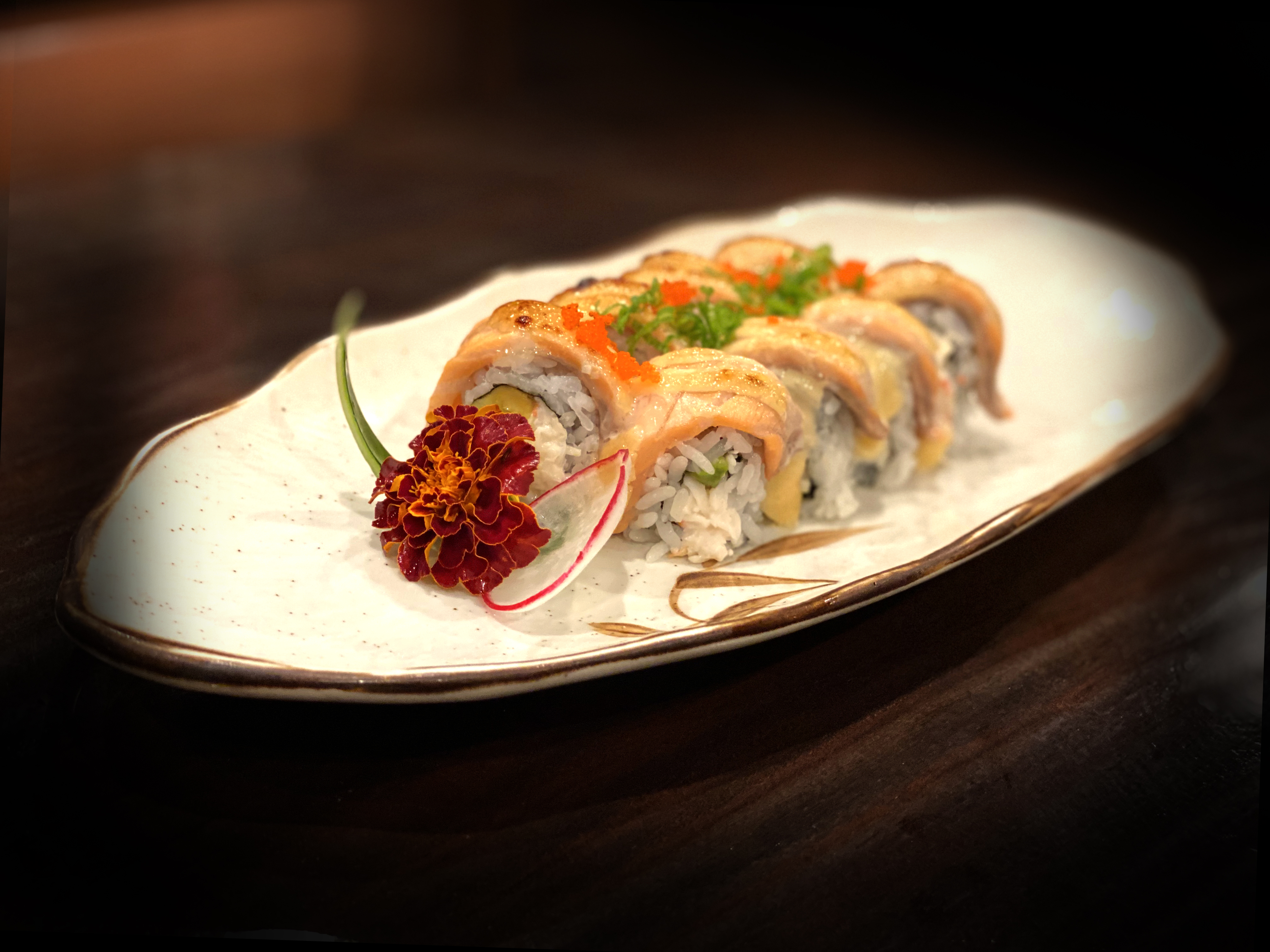 Order B7. Baked Salmon Roll food online from Hikari Sushi And Ramen store, Corona on bringmethat.com