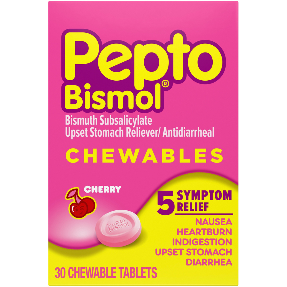 Order Pepto Bismol Upset Stomach Reliever/Antidiarrheal Chewable Tablets, Cherry - 30 ct food online from Rite Aid store, Cathedral City on bringmethat.com