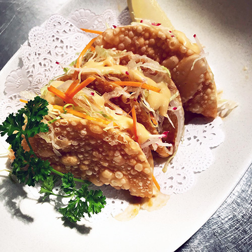 Order Soboro Asian Tacos (3 pc) food online from Moto Azabu Sushi Bar & Grill store, Marina Del Rey on bringmethat.com