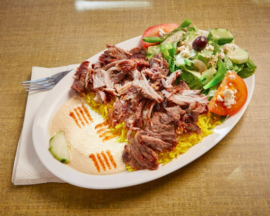 Order Meat Shawarma Plate food online from Shako Mako Grill store, Glendale on bringmethat.com