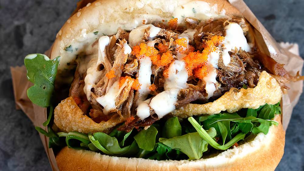 Order Braised Pork Bun Burger food online from KoJa Kitchen store, Berkeley on bringmethat.com