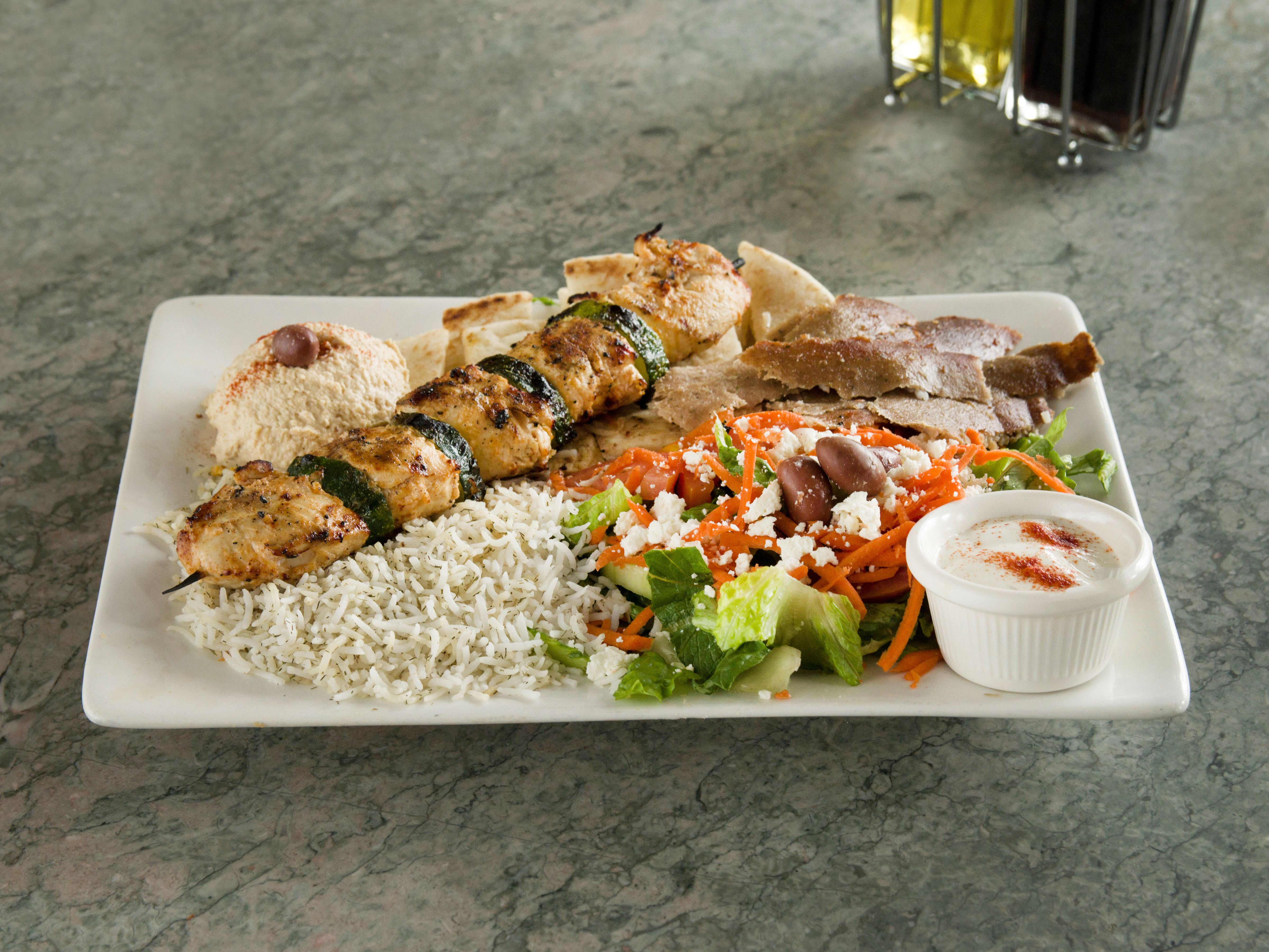 Order Chicken Kabob, Gyros and Hummus Plate food online from Mediterranean Cafe store, San Diego on bringmethat.com