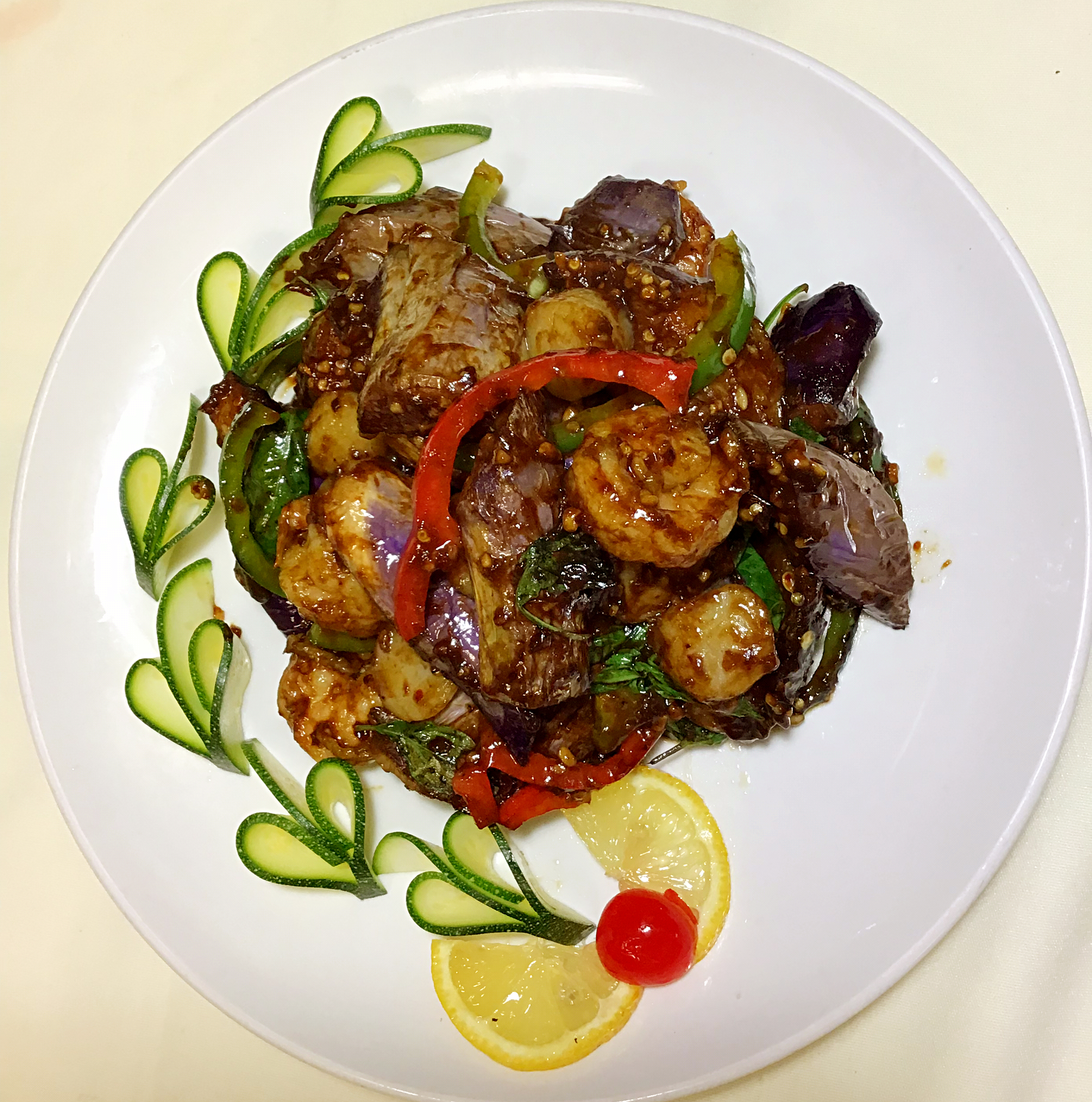 Order Basil Eggplant with Prawns and fish food online from Orange Chicken Snob store, San Francisco on bringmethat.com
