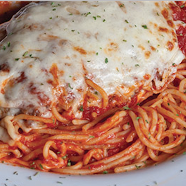 Order Family Chicken Parmigiana with Pasta food online from Rosati's Pizza store, Schaumburg on bringmethat.com