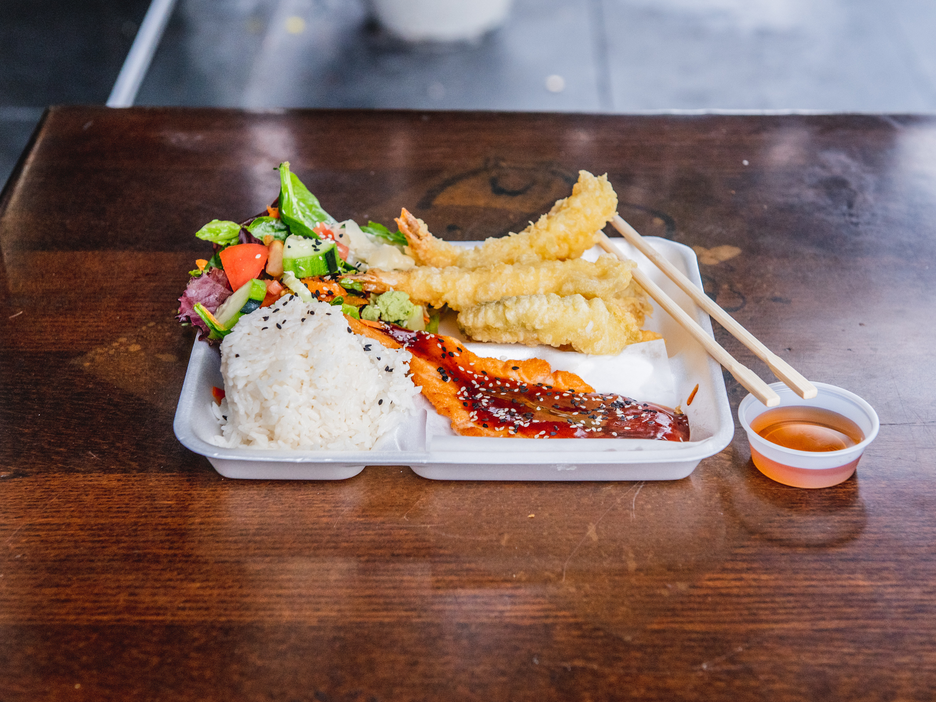 Order J. Salmon Tempura Box food online from Mitaki Japanese Restaurant store, Los Angeles on bringmethat.com