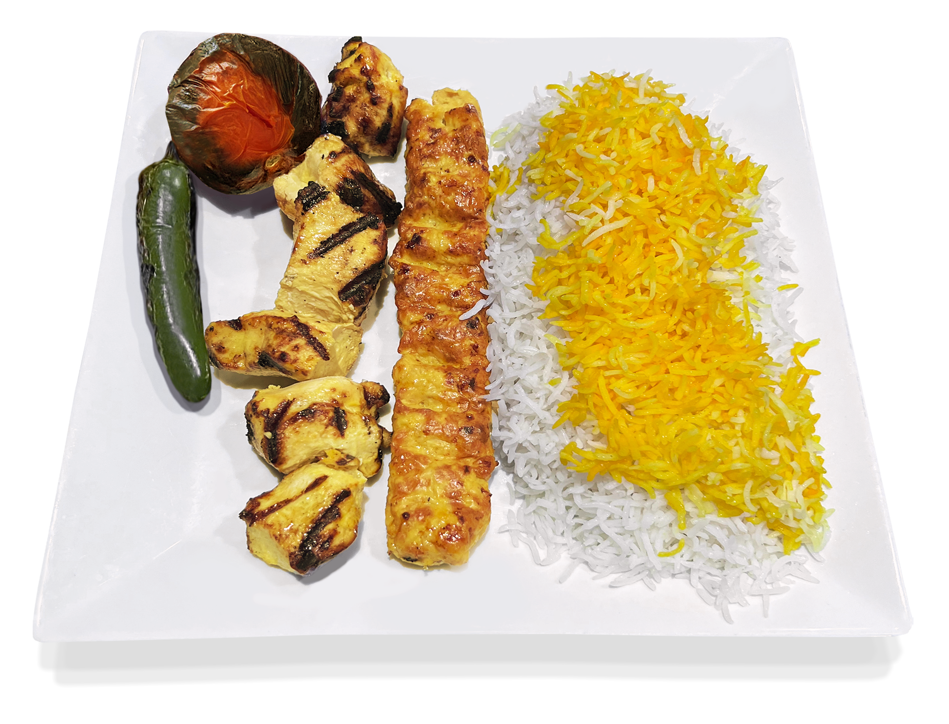 Order Plate #5: Persian Chicken Shish Kabob and Chicken Koobideh plate food online from Cafe Du Liban store, Los Angeles on bringmethat.com