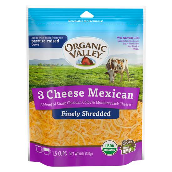 Order Organic Valley Mexican Blend Cheddar, Colby, Jack Finely Shredded Cheese 6oz food online from Everyday Needs by Gopuff store, San Luis Obispo on bringmethat.com