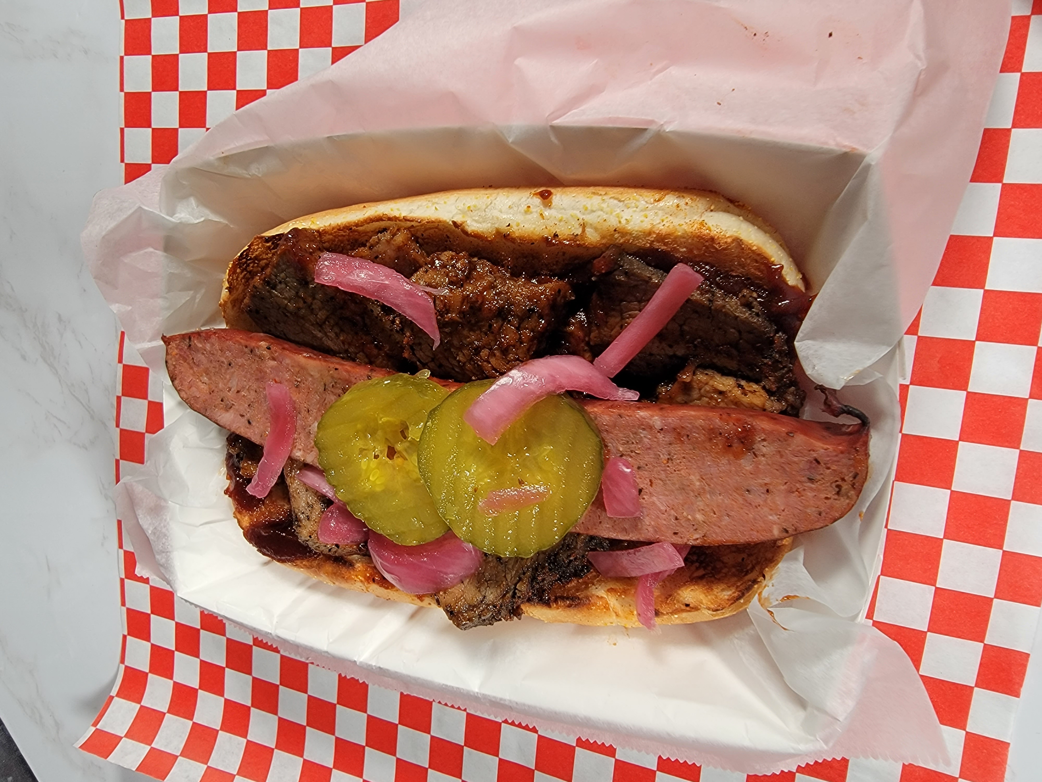 Order Brisket and Link Sandwich food online from Cedar River Smokehouse Barbecue store, Renton on bringmethat.com