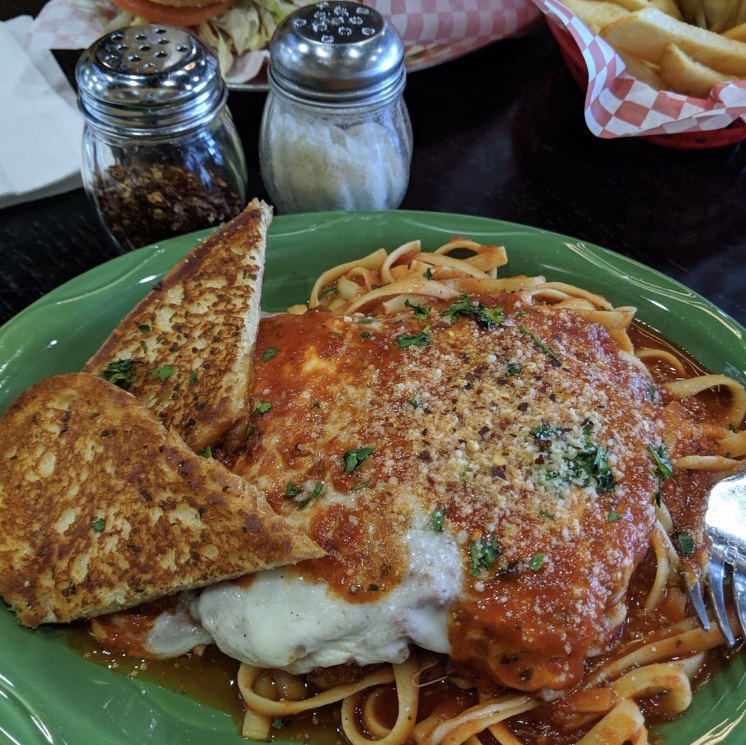 Order Chicken Parmesan with Fettuccine food online from Marsigliano's Pizzeria & More store, Las Vegas on bringmethat.com