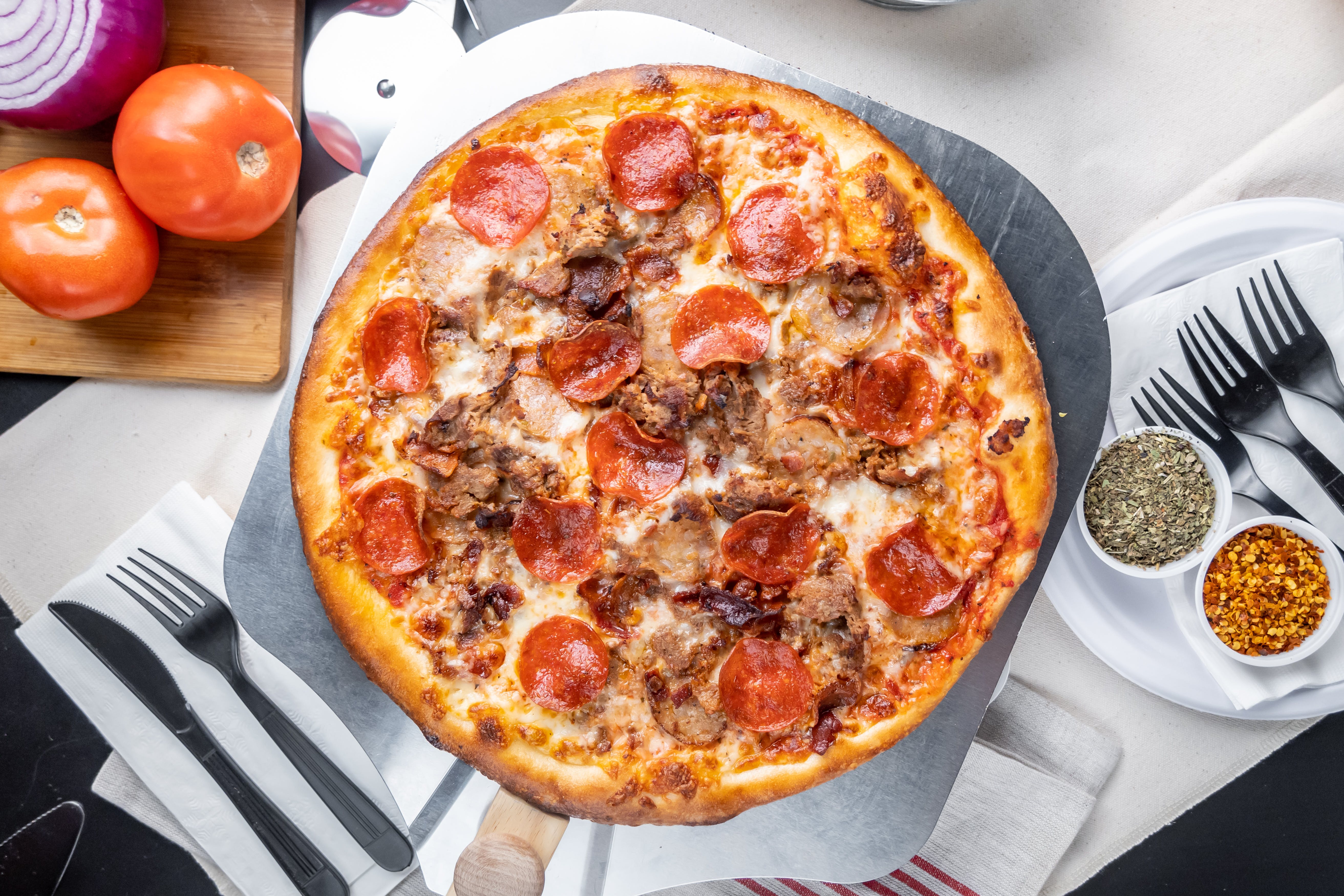Order Meat Lover Pizza - Small 12" food online from Bourbon & Brews store, Paulsboro on bringmethat.com