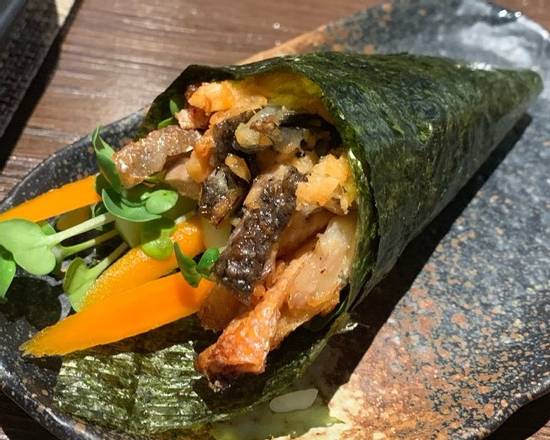 Order Spicy Salmon Skin Handroll  food online from Hawker Eats store, SF on bringmethat.com