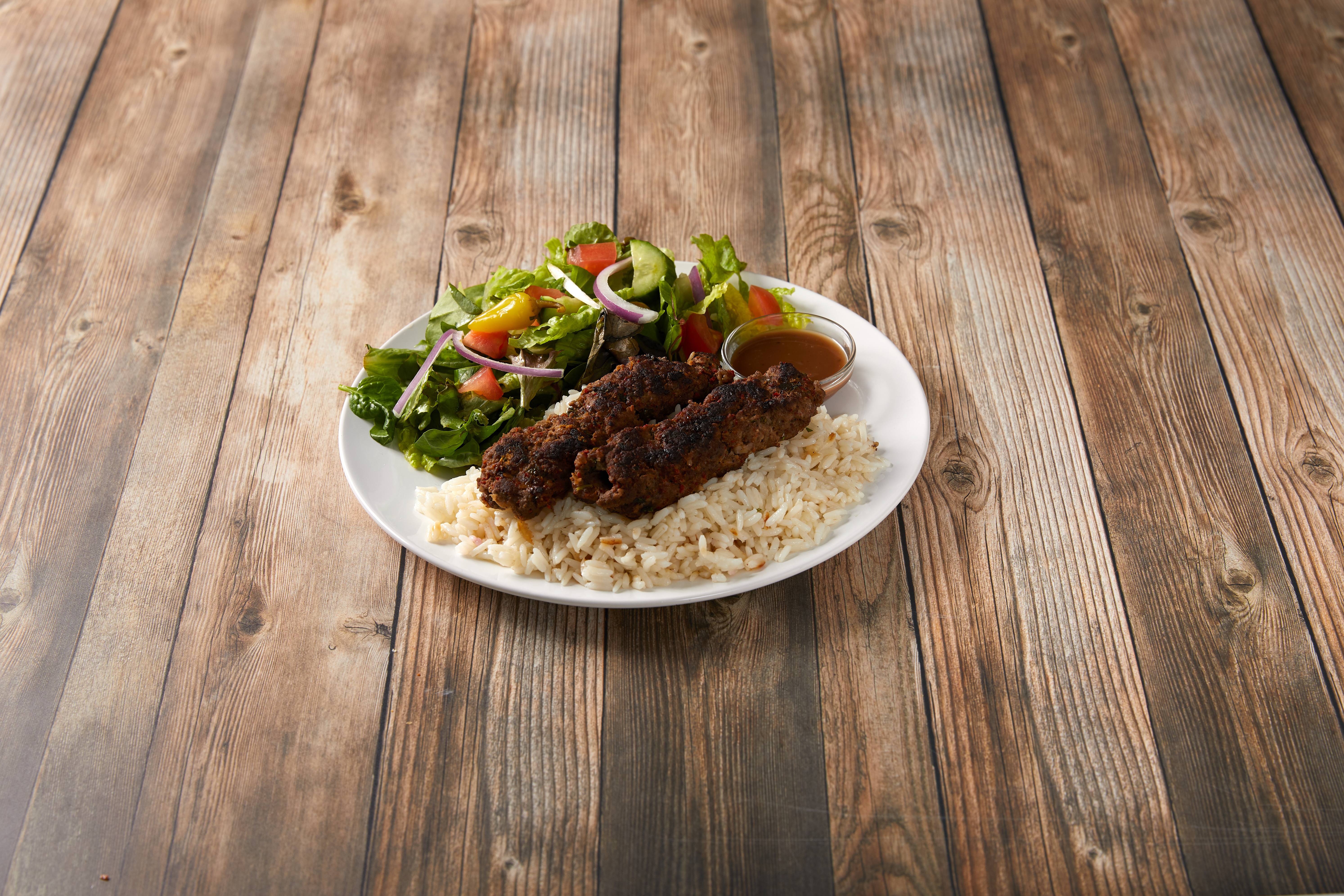 Order 2. Beef Kabob Plate food online from Bob's Cafe & Catering store, Los Angeles on bringmethat.com