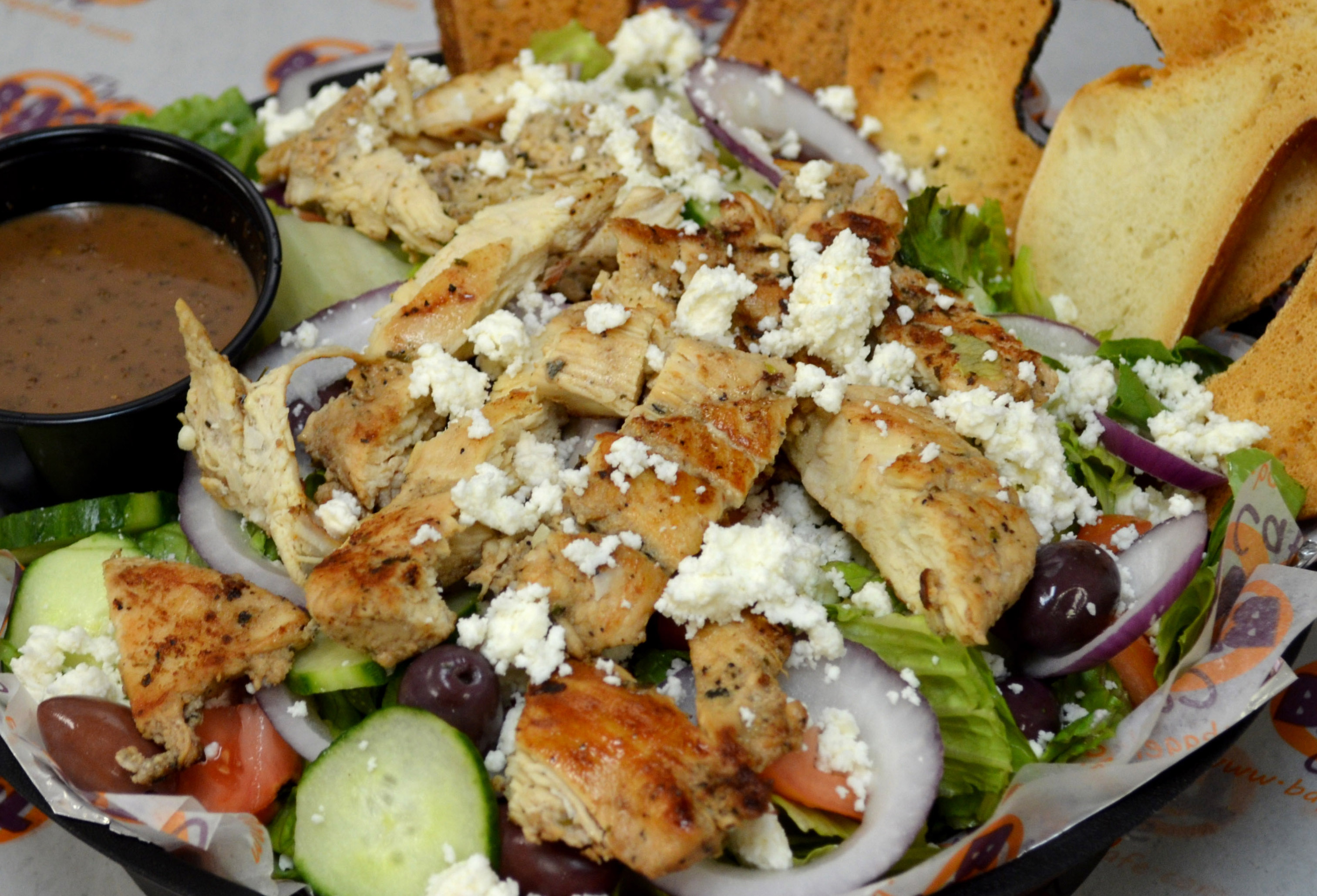Order Grilled Chicken Greek Salad food online from Bagel Cafe store, Herndon on bringmethat.com