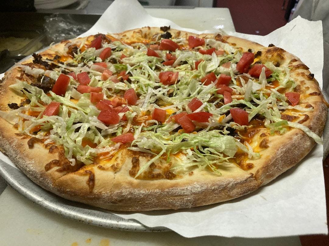 Order Taco Pizza - Small 12" food online from Bourbon & Brews store, Paulsboro on bringmethat.com